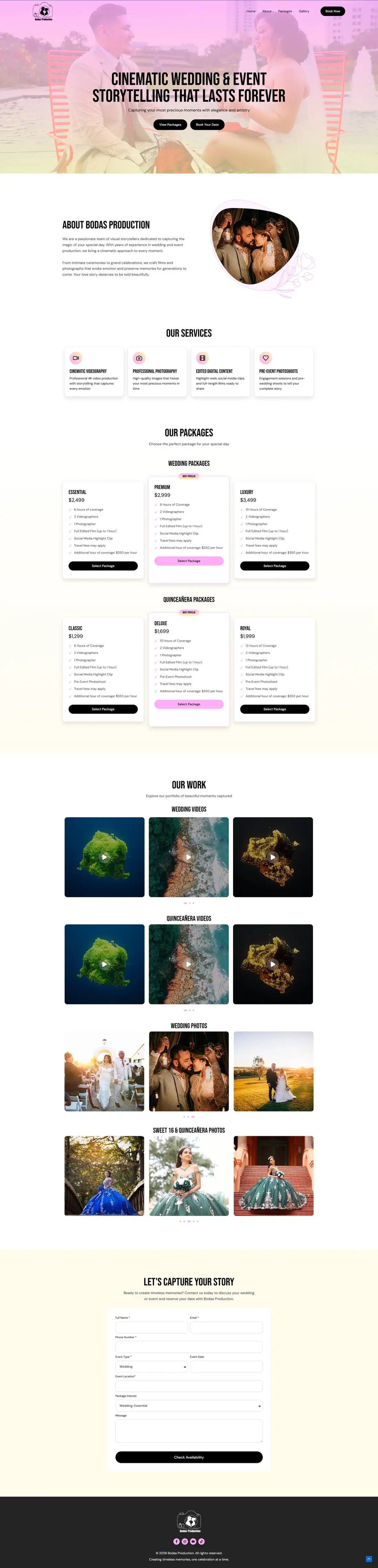 Full homepage of the Bodas Production website
