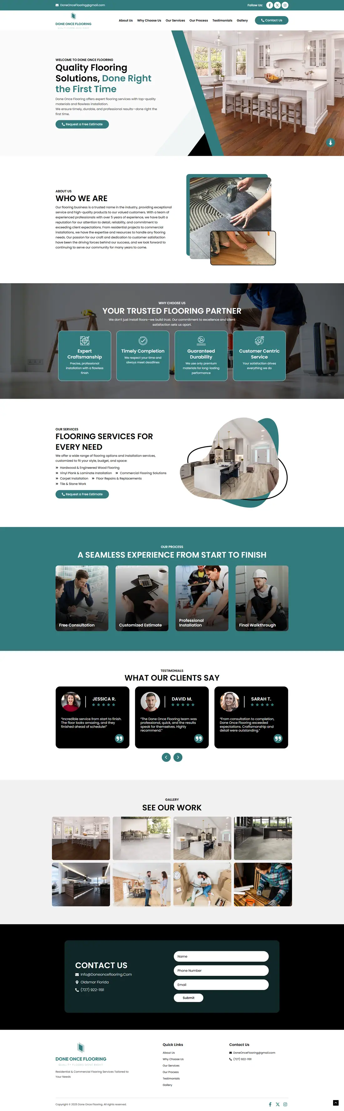Full homepage of the Done Once Flooring website