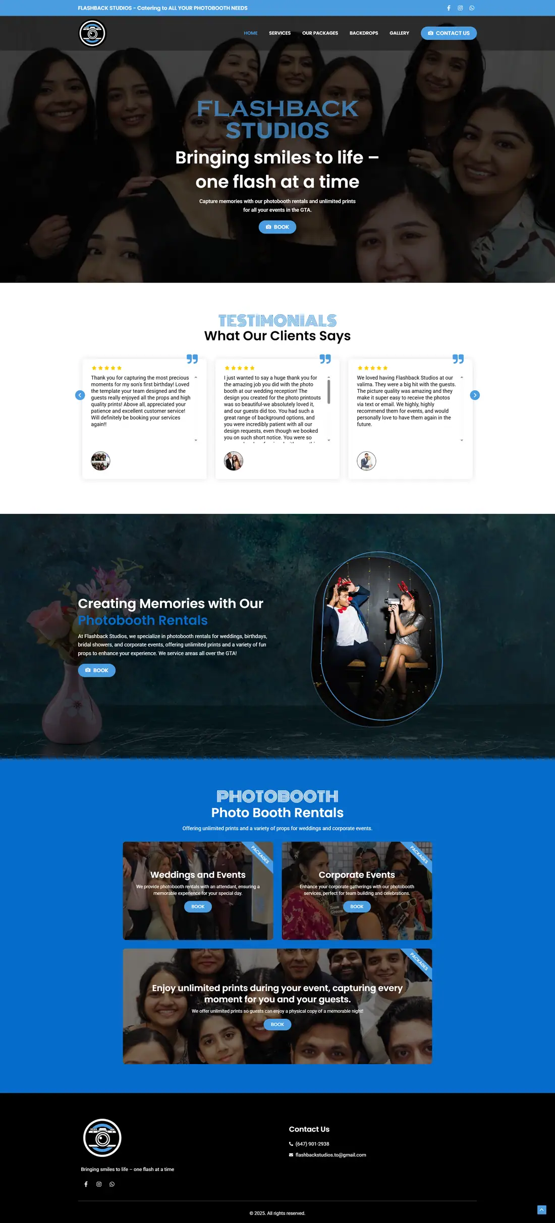 Full homepage of the Flashback Studios website