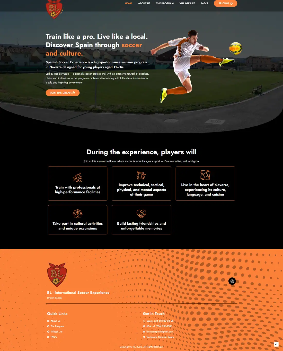 Full homepage of the IBL Soccer Experience website