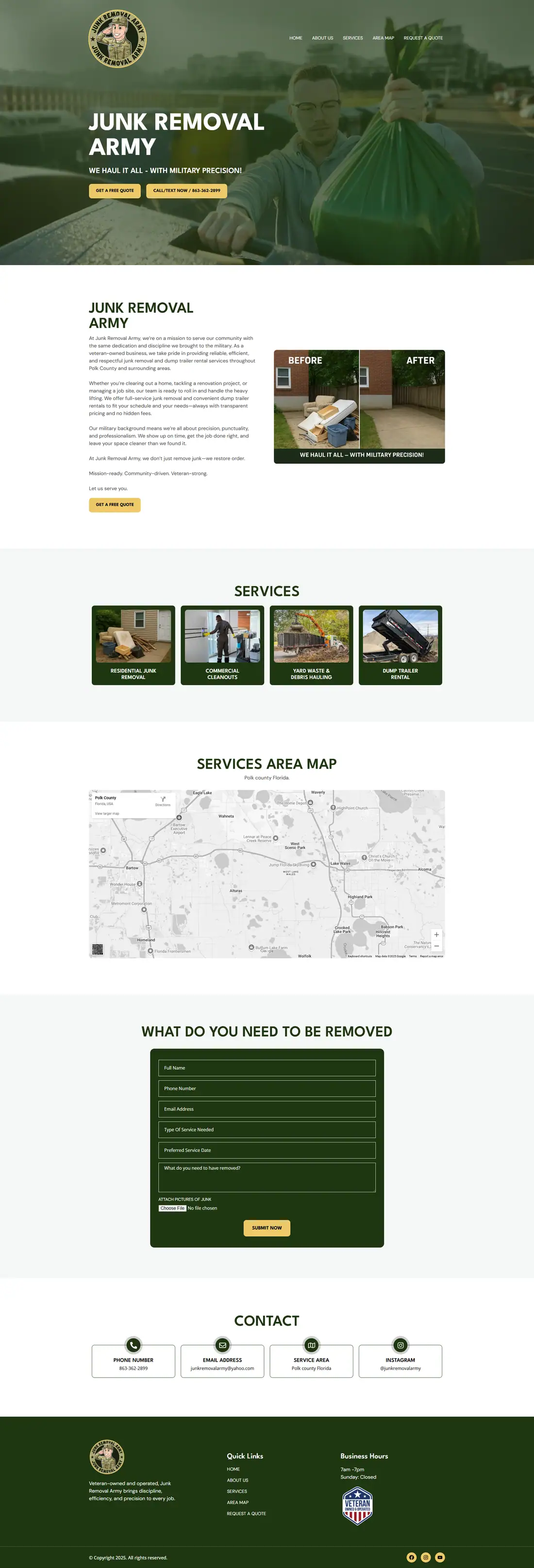 Full homepage of the Junk Removal Army website
