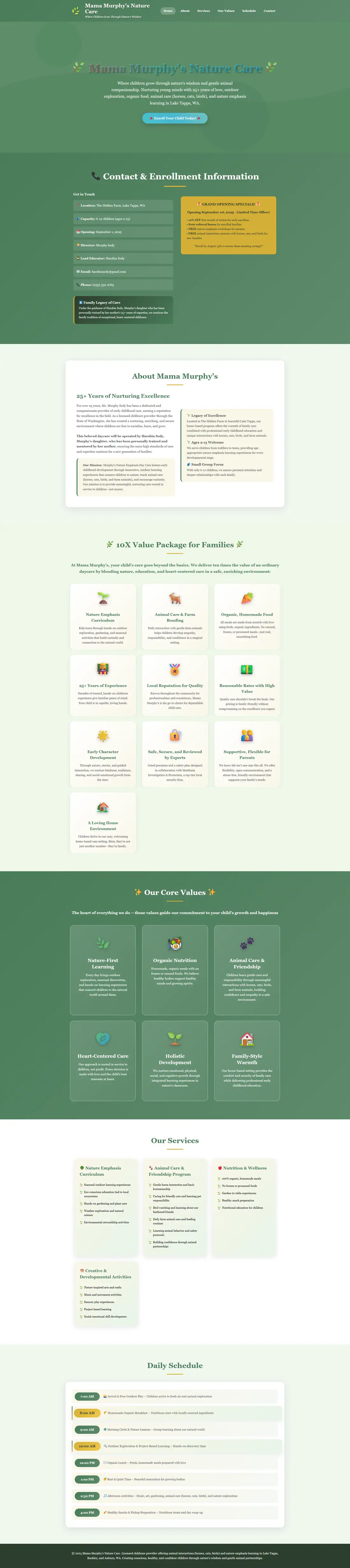 Full homepage of the Mama Murphy's Nature Care website