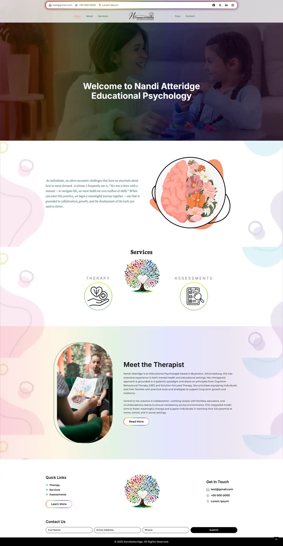 Full homepage of the Nandi Atteridge Educational Psychology website
