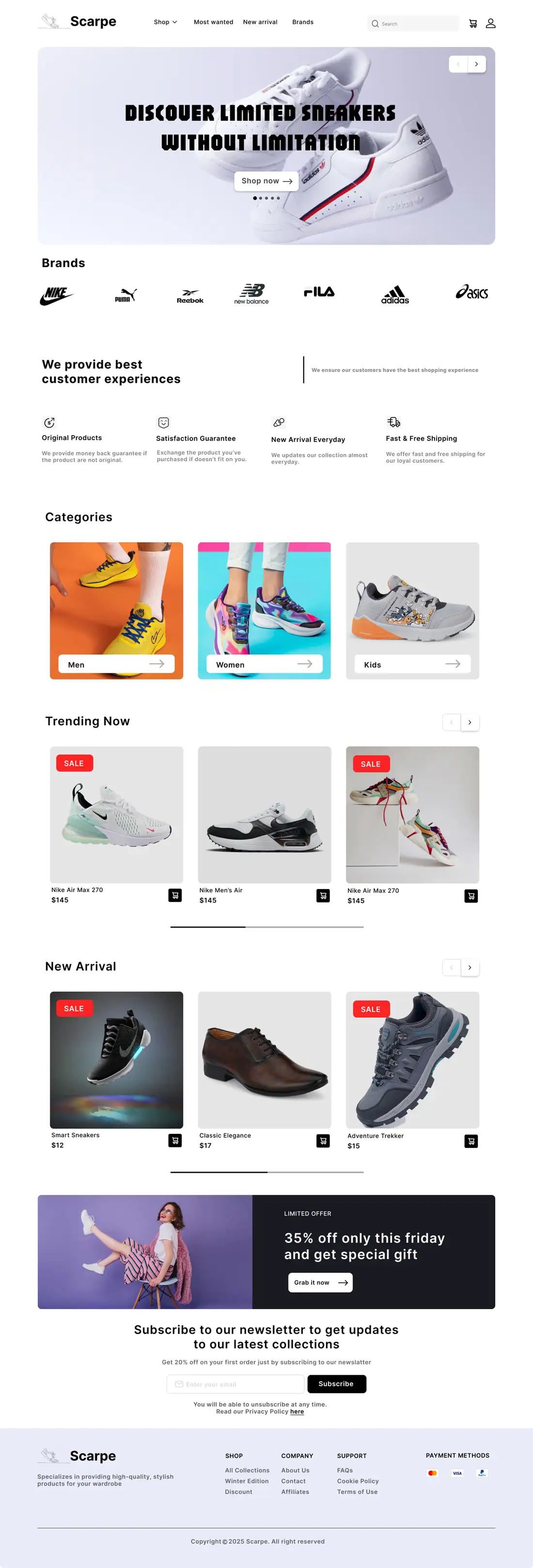 Full homepage of the Scarpe website