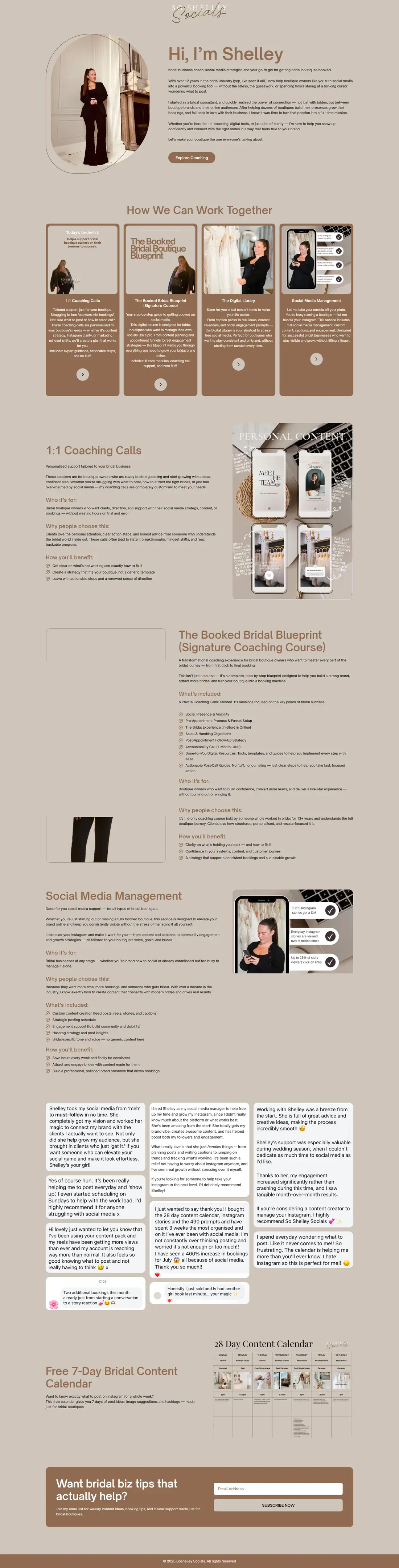 Full homepage of the Shelley Socials website