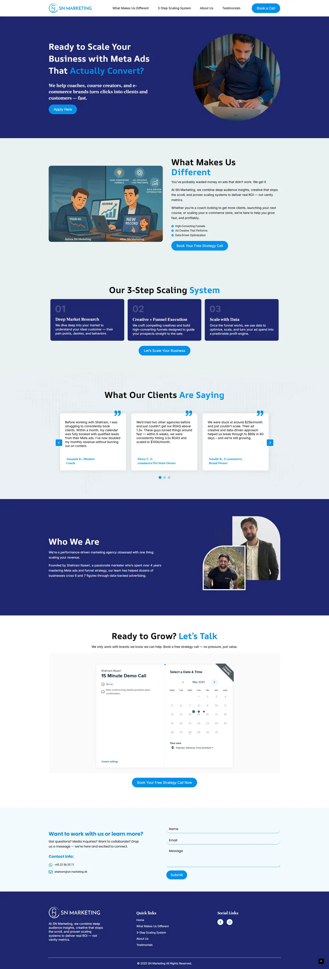Full homepage of the SN Marketing website