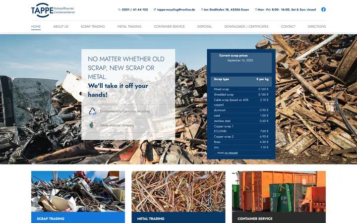 Tappe Recycling website homepage