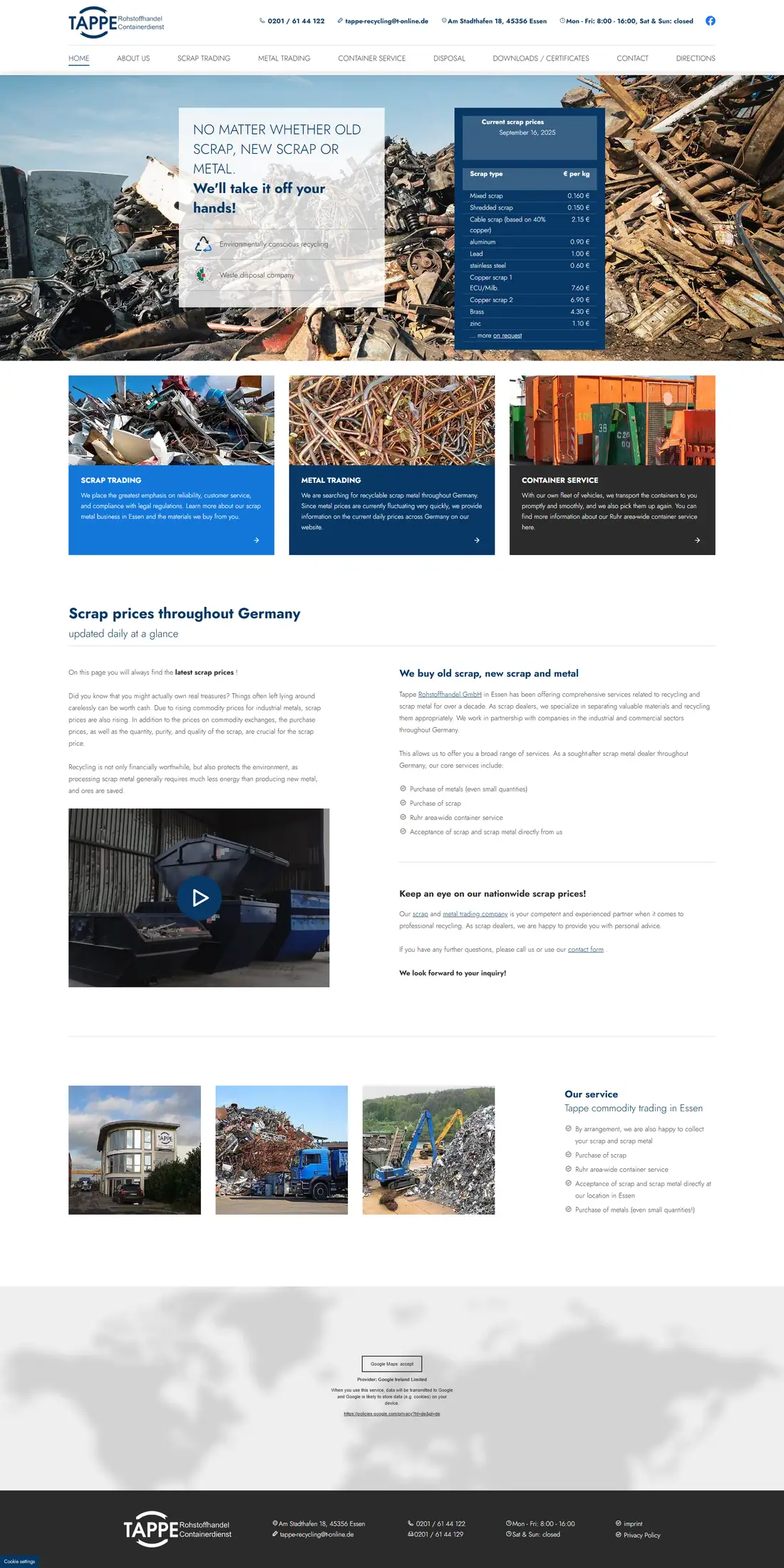 Full homepage of the Tappe Recycling website
