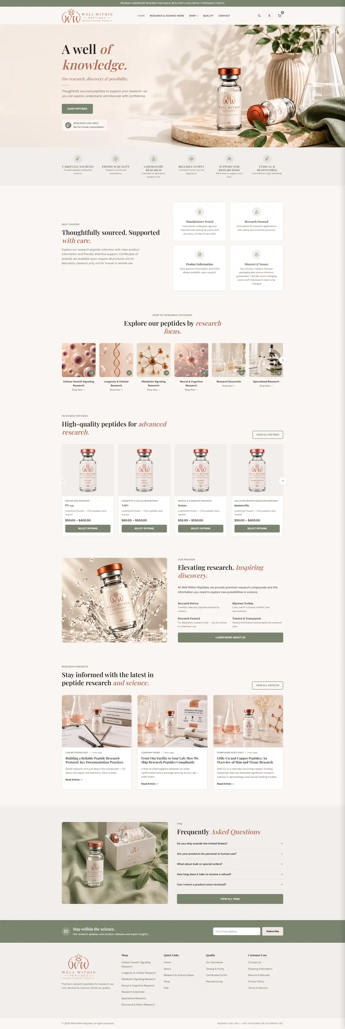 Full homepage of the Well Within Peptides website