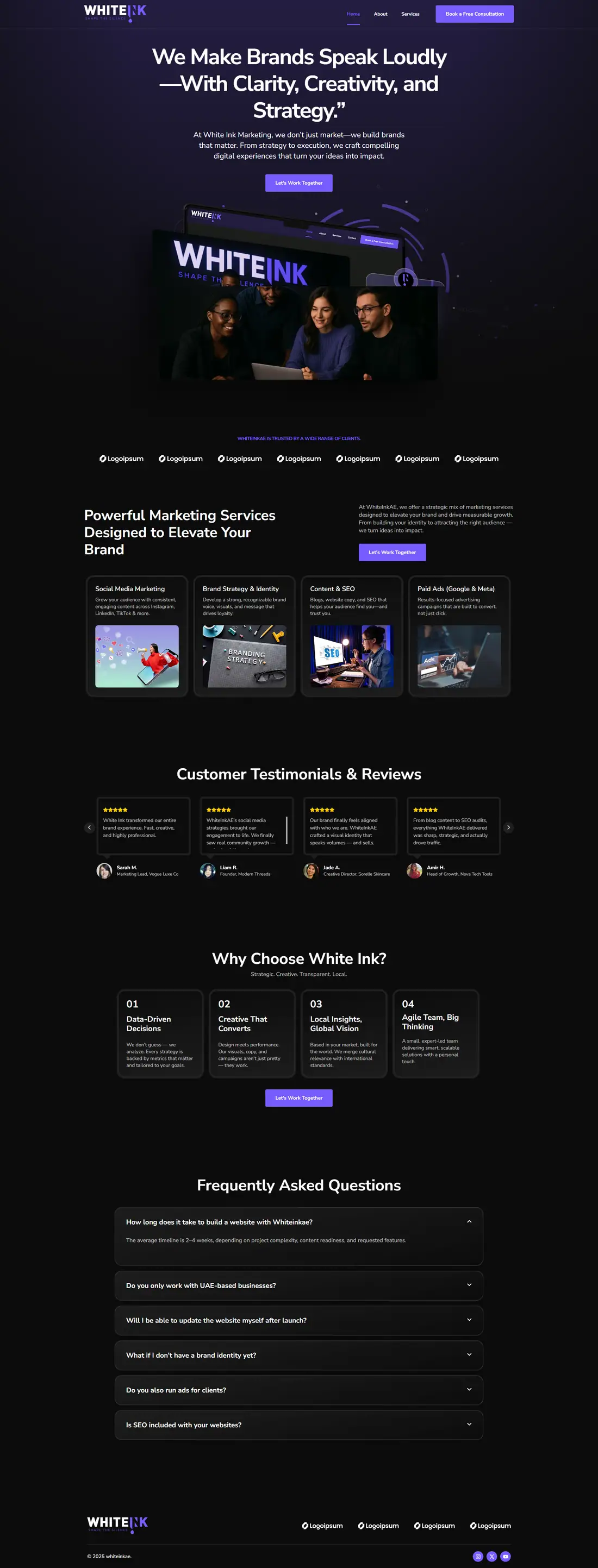 Full homepage of the White Ink Marketing website
