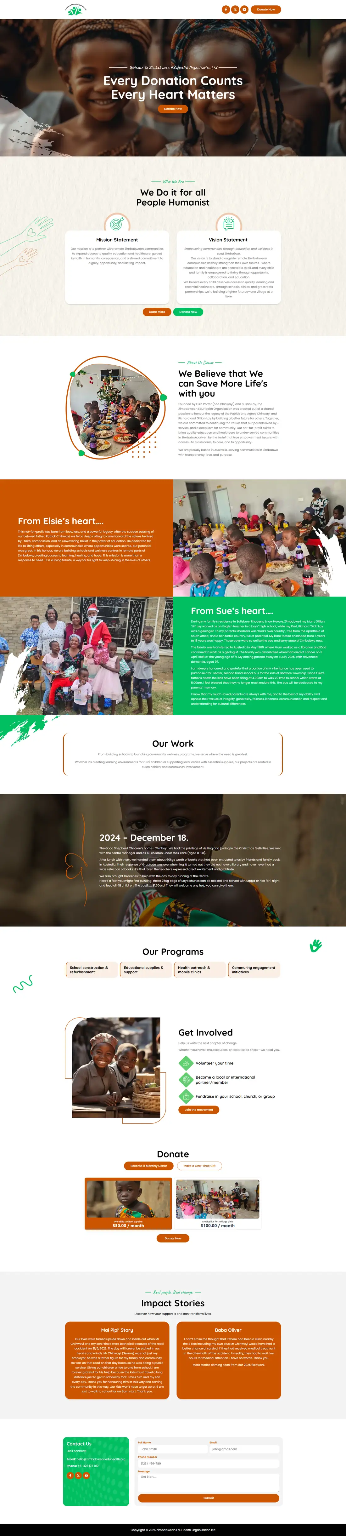 Full homepage of the Zimbabwean EduHealth Organisation website